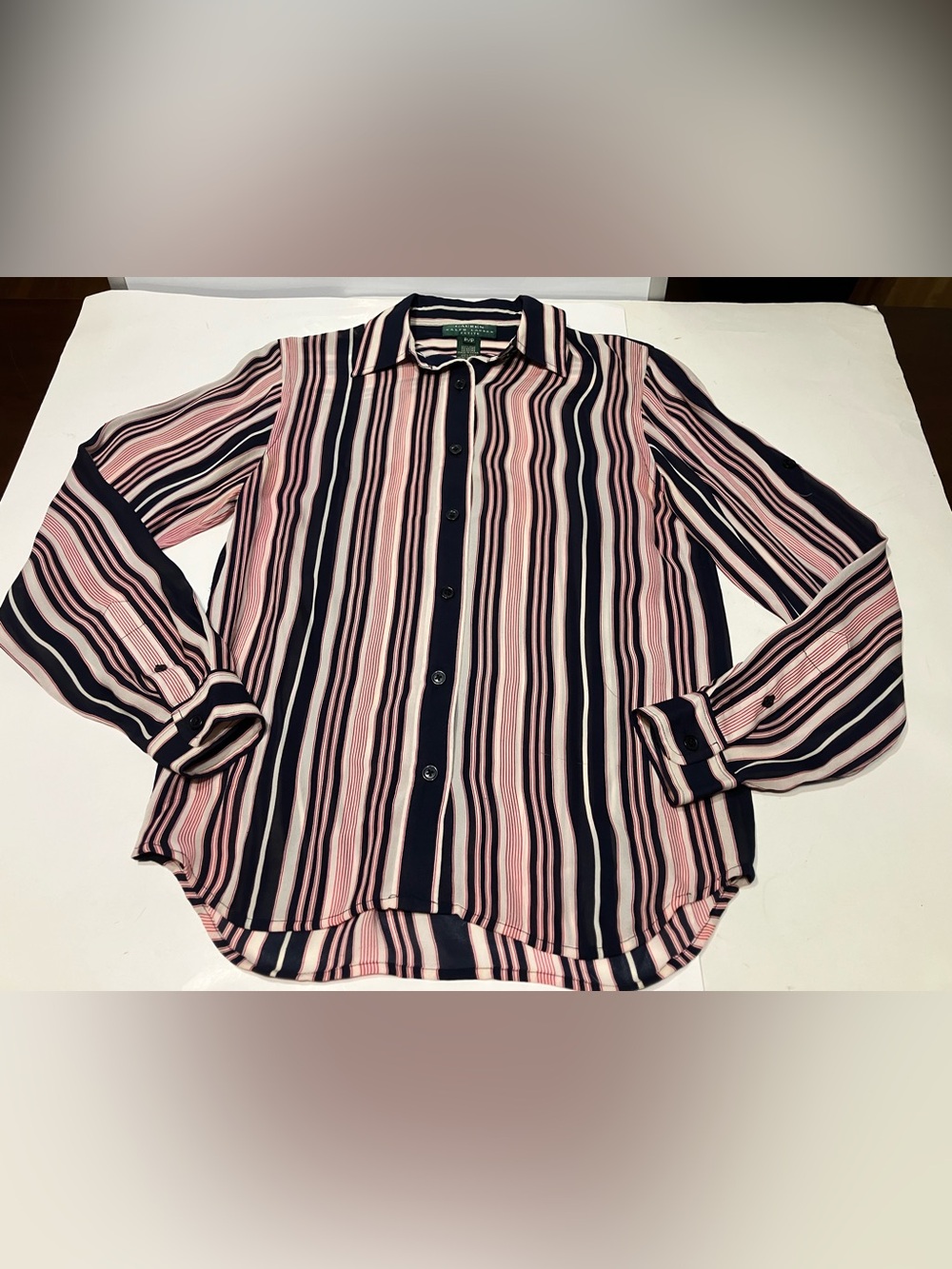 LAUREN-Ralph Lauren Petite 100% Silk Navy Blue & Pink Striped Button- Womens P